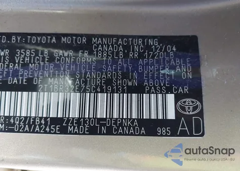 2005 Toyota Corolla Le из США, поврежденный, VIN 2T1BR32E75C419131